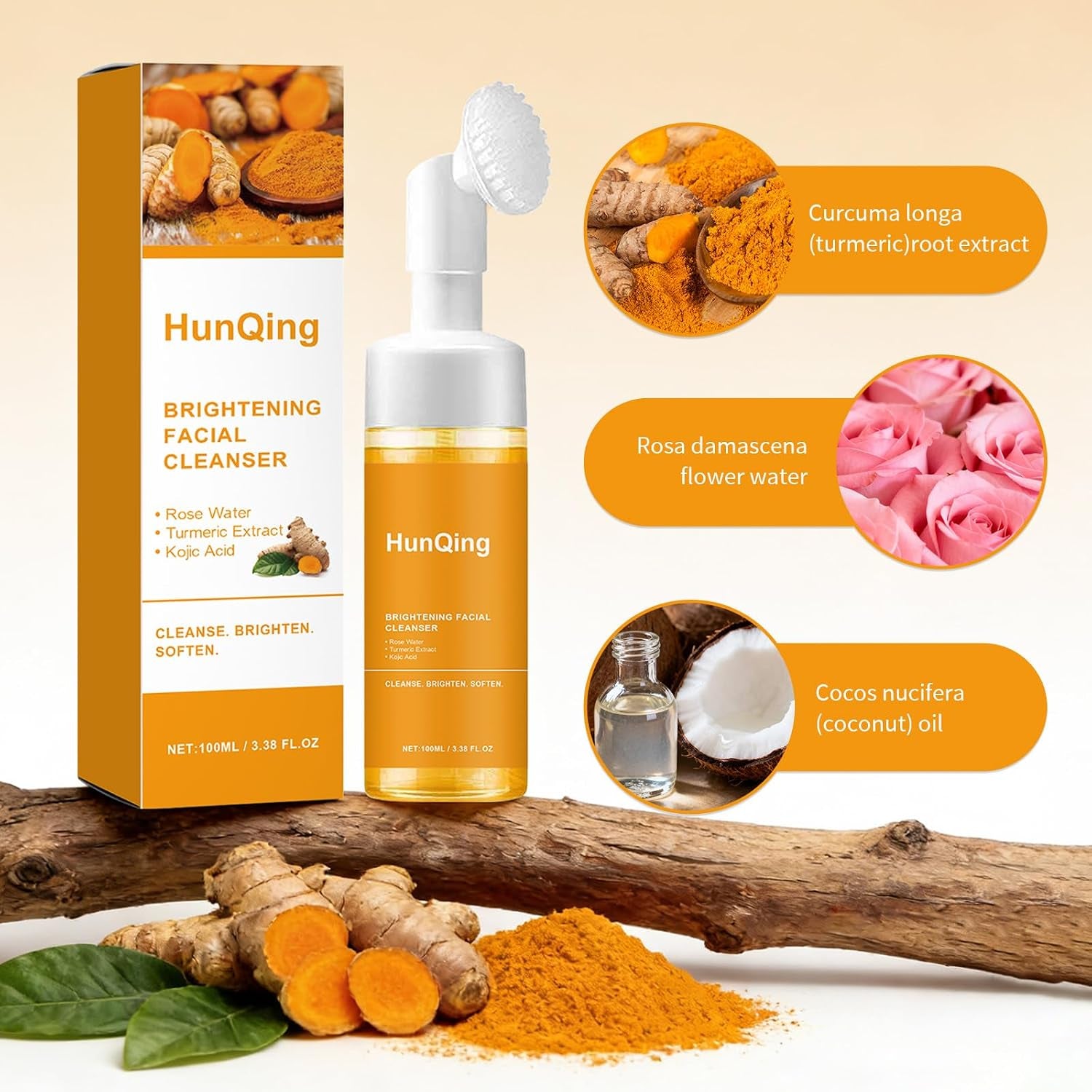 Glow Wash Turmeric Face Wash with Brush,Deep Cleansing Exfoliating Foaming Facial Cleanser.