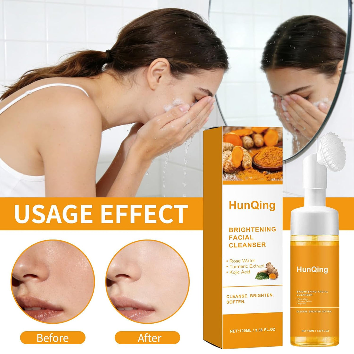 Glow Wash Turmeric Face Wash with Brush,Deep Cleansing Exfoliating Foaming Facial Cleanser.